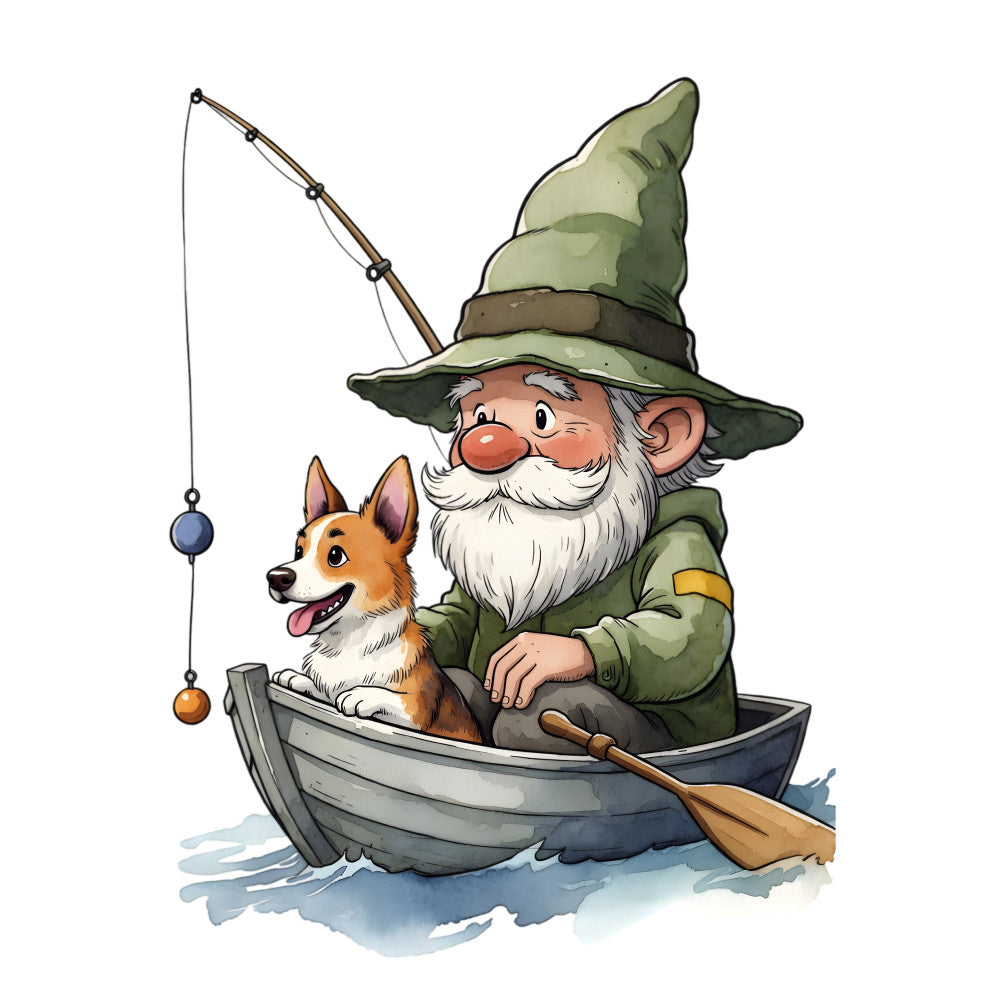 gnome, fishing, wizard hat, whimsical, fairy tale, storybook, children's, dog, corgi, boat, fishing rod, forest green, sage green, cream, white, beige, rustic, vintage, whimsical style, magical, fantasy, nautical, water, adventure, character panel, novelty, playful, bedtime story, nursery, woodland creatures