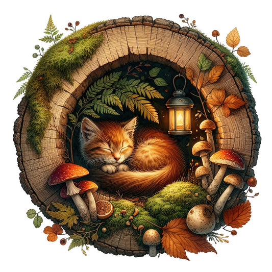 forest green, burnt orange, golden yellow, warm brown, rust, cream, autumn, fall, cozy, whimsical, woodland, nature, cat, sleeping cat, ginger cat, mushrooms, ferns, moss, lantern, magical, fantasy, storybook, rustic, cottage core, enchanted forest, leaves, toadstools, vintage, nostalgic, autumn leaves