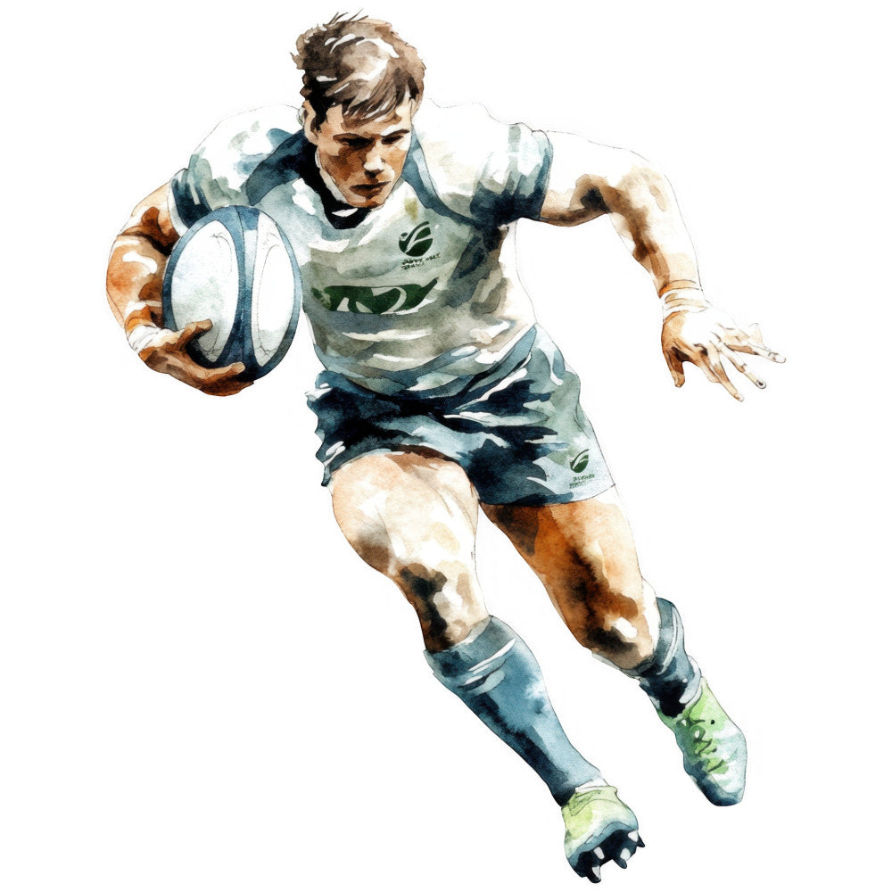 rugby player, sports, watercolor, all-star, athletic, teal blue, navy blue, cream white, tan brown, action pose, masculine, competitive, portrait, figure illustration, modern sport, athletic wear, team spirit, ball sports, dynamic movement, muscular, strength, courage, determination, victory, printed fabric, home decor, wall art, gift fabric