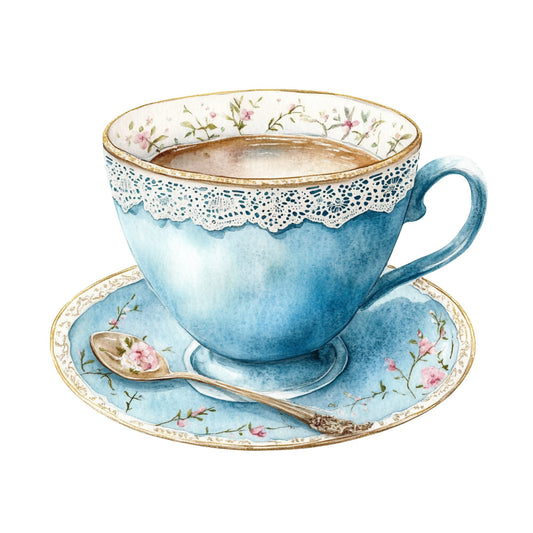 teacup, tea time, vintage teacup, blue teacup, floral, pink flowers, gold trim, lace trim, delicate flowers, botanical, spring, elegant, vintage tea, shabby chic, cottage core, traditional, garden flowers, decorative spoon, saucer, pale blue, dusty blue, cream, botanical florals, tea party, afternoon tea, whimsical, romantic, feminine, table topper, home decor