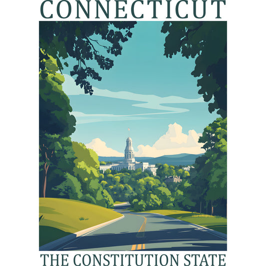 teal, turquoise, forest green, yellow-green, cream, white, connecticut, state capitol, dome building, winding road, lush trees, rolling hills, scenic landscape, travel poster style, vintage illustration, fabric panel, quilting cotton, patriotic theme, summer scenery, pastoral view