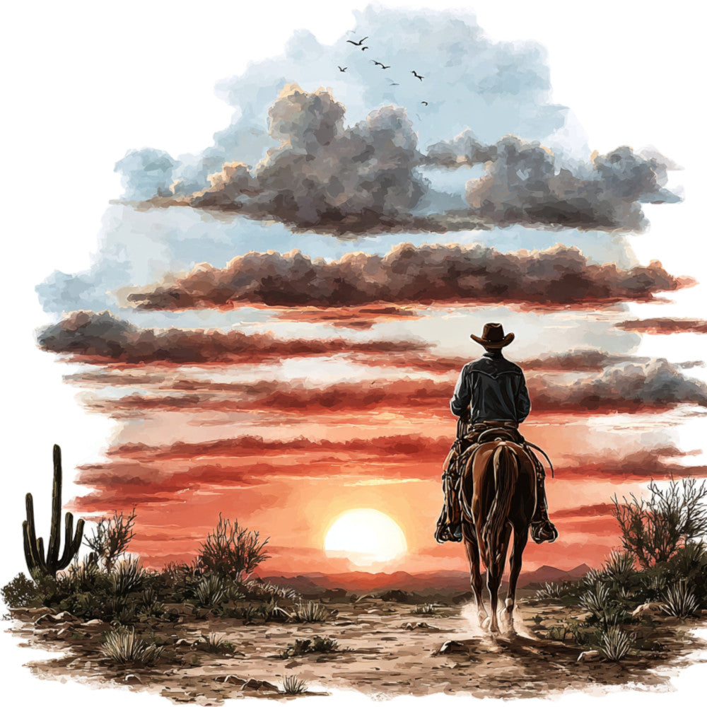 western sunset, cowboy, desert landscape, solitude, horse rider, saguaro cactus, orange sky, warm tones, rust red, burnt orange, golden yellow, cream, dusty brown, charcoal gray, blue sky, clouds, birds, southwestern, rustic, traditional, adventure, nature scene, sunset theme, desert flora, contemplative, scenic, landscape art, americana, wild west