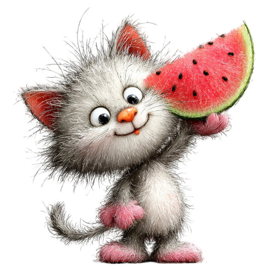 cat, watermelon, whimsical, playful, cute animals, children's, nursery, baby, summer, coral pink, red, white, gray, grey, green, orange, novelty, illustration, character panel, adorable, sweet, fun, kids, child-themed, summer fruits, food motifs, vibrant, colorful, contemporary, cheerful