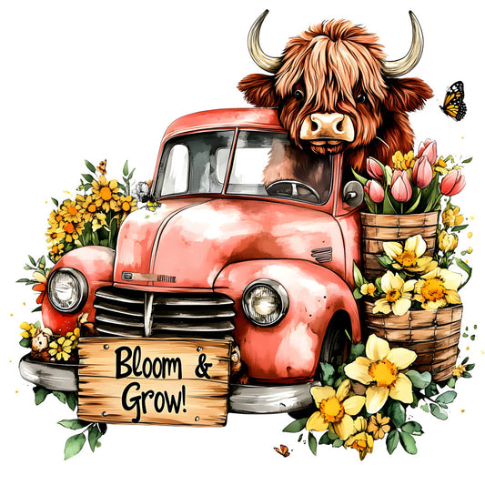 Highland Cows in Vintage Trucks Fabric Panel 5 featuring a brown highland cow in a red vintage truck surrounded by spring flowers and a butterfly
