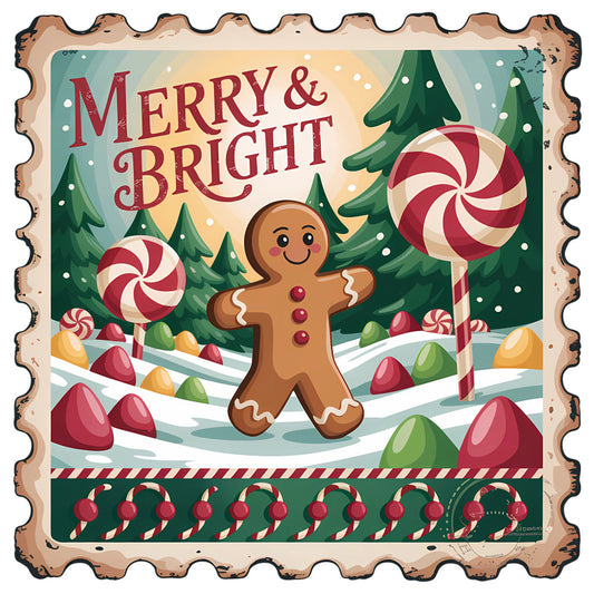 Vintage Christmas Stamps Fabric Panel 23 featuring a cheerful gingerbread man, peppermint candies, and pine trees in snow.