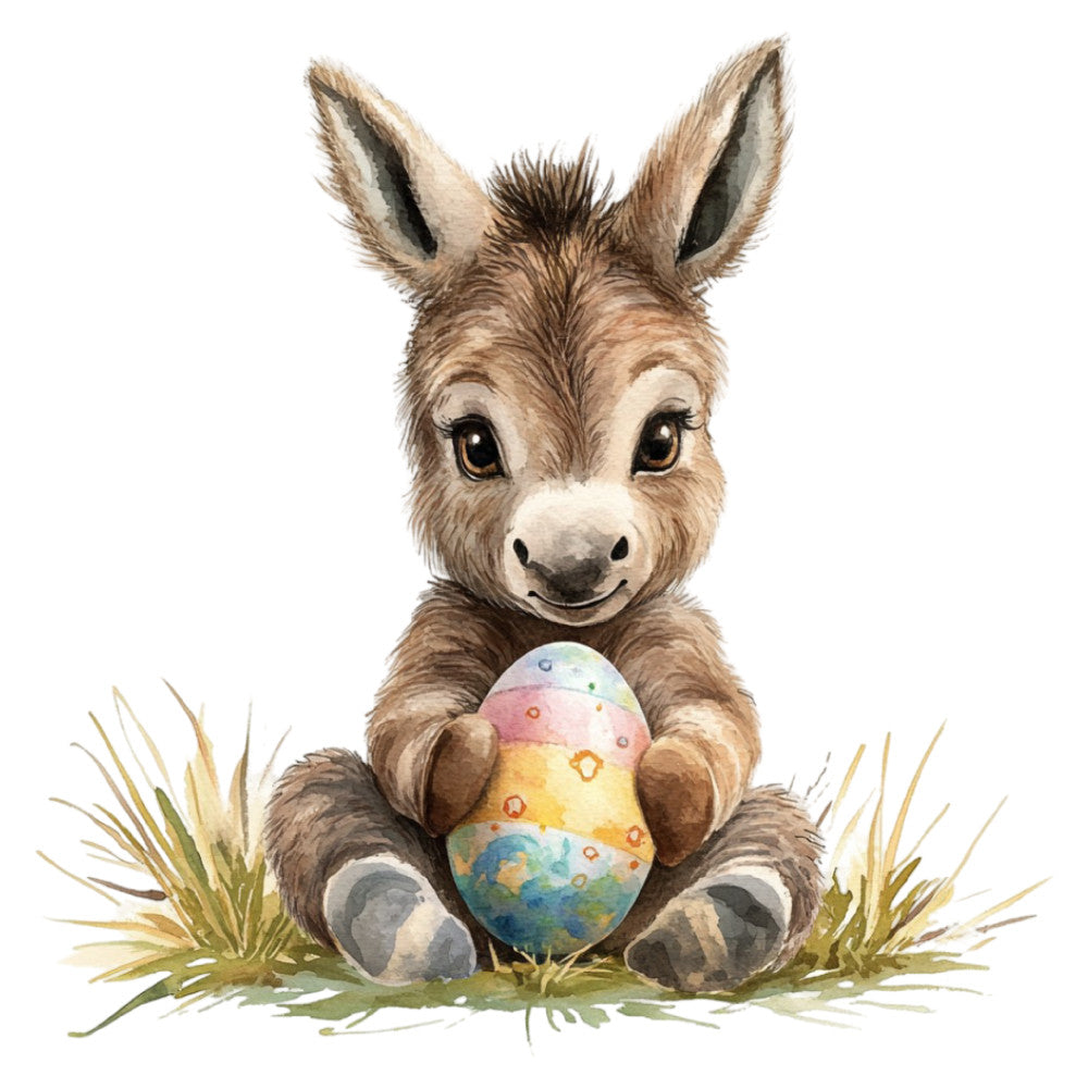 donkey, easter, spring, whimsical, cute animals, pastel colors, soft brown, cream, pale yellow, soft pink, sky blue, grass green, gentle, sweet, baby animals, children's theme, nursery, playful, nature theme, holiday eggs, decorated eggs, farmyard, countryside, innocent, charming, folk art, illustration style, storybook, baby quilt, wall hanging