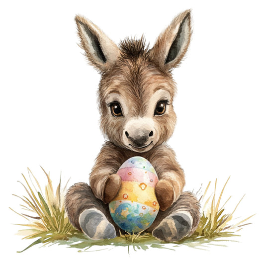 donkey, easter, spring, whimsical, cute animals, pastel colors, soft brown, cream, pale yellow, soft pink, sky blue, grass green, gentle, sweet, baby animals, children's theme, nursery, playful, nature theme, holiday eggs, decorated eggs, farmyard, countryside, innocent, charming, folk art, illustration style, storybook, baby quilt, wall hanging