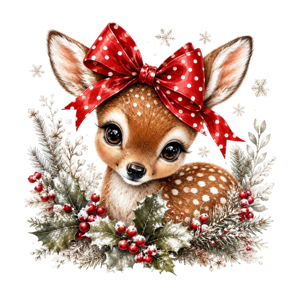 christmas deer, holiday fawn, red polka dot bow, brown and white fawn, festive reindeer, winter woodland, snow flakes, evergreen branches, red berries, gold accents, whimsical animal, cute deer face, large eyes, seasonal christmas, holiday decor, fabric panel, baby nursery, wall art, rustic holiday, vintage style, forest animal, winter berries, frosted evergreen, christmas decoration, snow covered, festive woodland, nature theme, children's fabric, decorative panel, holiday gift