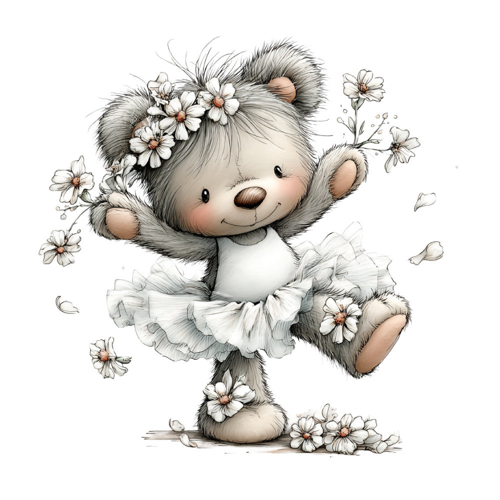 cute bear, teddy bear, fluffy bear, animal, flowers, daisies, white flowers, cream, gray, grey, soft colors, pastel, whimsical, sweet, gentle, adorable, children's, baby, nursery, spring, floral, tutu skirt, dancing bear, playful, illustration art, storybook, innocent, charming, feminine, soft pastels