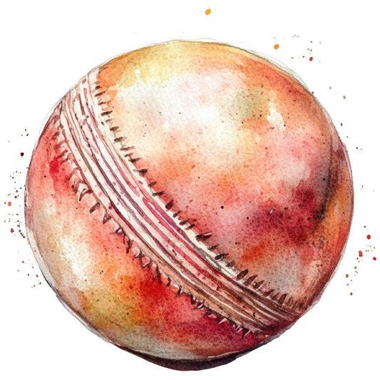 cricket ball, sports, red leather, cream, tan, rust orange, burgundy red, stitched seam, vintage sports, baseball, ball motif, athletic, masculine, traditional, classic, heritage, americana, nostalgic, rustic, crafts, home decor, sports themed, recreation, competition, watercolor style, illustrated, detailed, textured, autumn tones, warm colors