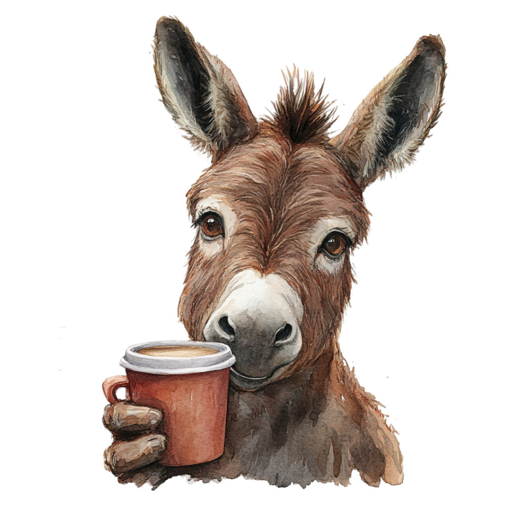 donkey, coffee, animals, farmhouse, whimsical, charming, rustic, woodland, brown, tan, cream, white, illustration, portrait, beverage, humorous, folk art, country, cute, cozy, cottage style, nursery, wall hanging, home decor, funny animals, warm tones, earthy, storybook