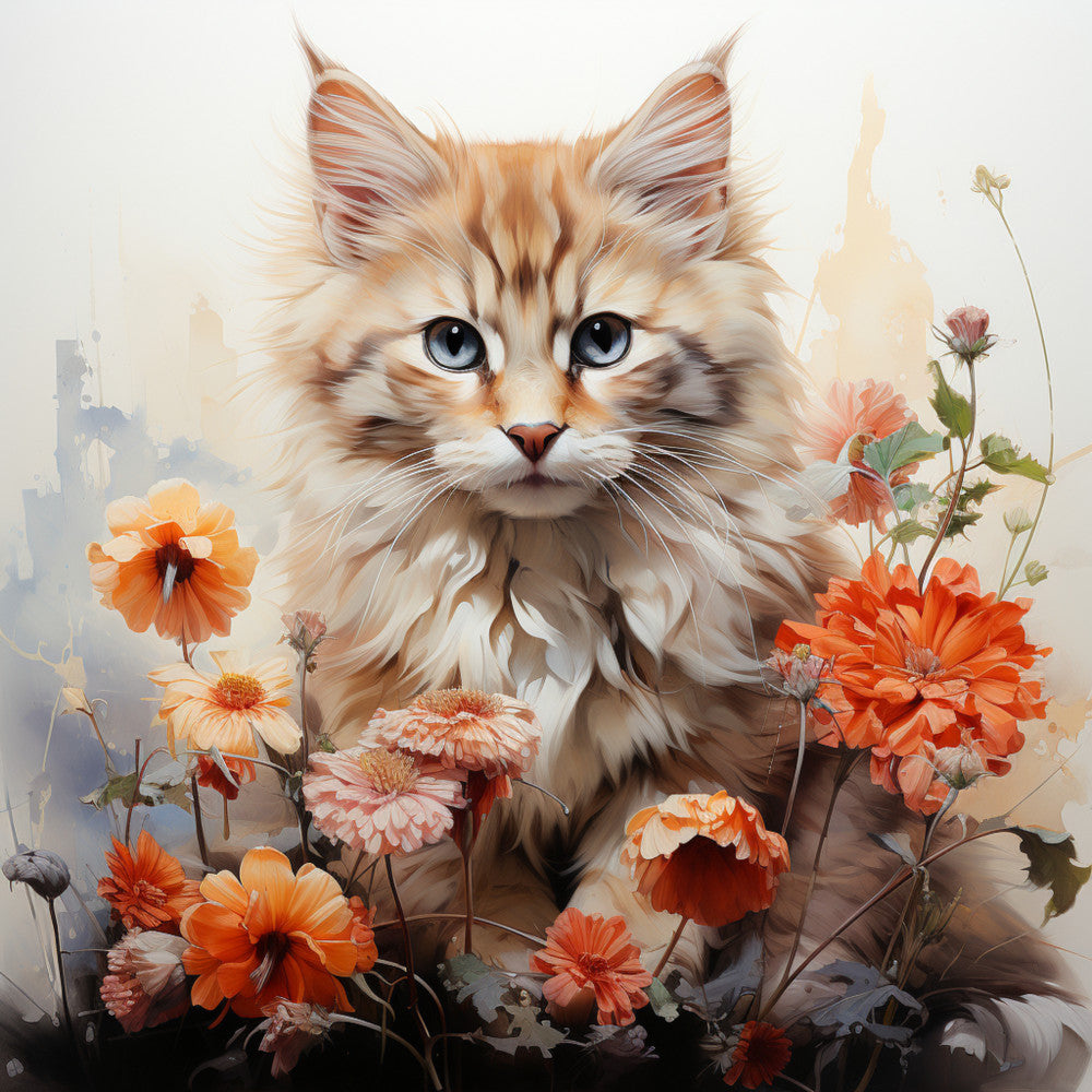 Watercolor Cats with Flowers Fabric Panel 5 featuring a detailed kitten surrounded by vibrant orange watercolor flowers on premium quilting cotton.