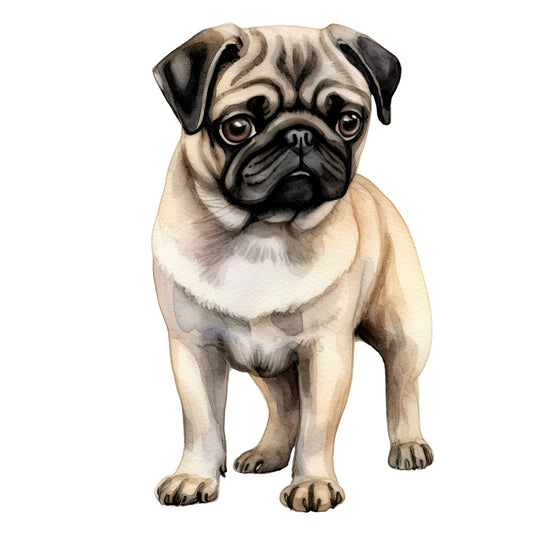 Watercolor Pug Fabric Panel 29 features a detailed, hand-painted style pug on premium quilting cotton, made in the USA.