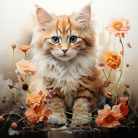 Watercolor Cats with Flowers Fabric Panel 2 featuring a detailed orange tabby cat surrounded by soft orange and peach flowers.