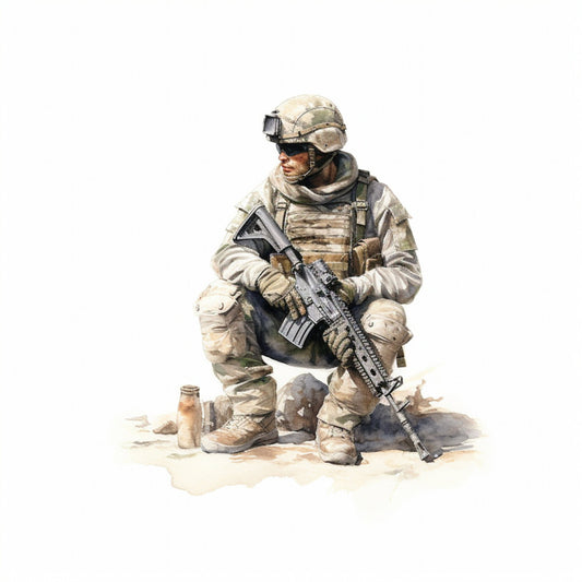 military, soldier, camouflage, desert tan, khaki, beige, cream, olive green, brown, tactical gear, armed forces, army, patriotic, action figure, realistic illustration, figurative, modern, masculine, veterans, combat, heroic, duty, courage, strength, wall hanging, home decor, tribute, service member, watercolor style
