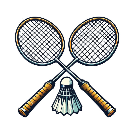 badminton, sports, tennis rackets, shuttlecock, birdie, navy blue, gold, cream, yellow, athletic, recreational, vintage sport, classic games, leisure, competitive sports, retro style, game room, sports themed, traditional, elegant sport, yellow handles, mesh rackets, crossed rackets, sporting equipment, active lifestyle, summer sport, game motif