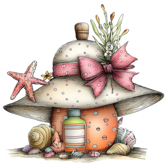 beach themed, coastal, coral pink, cream, nautical, ocean, perfume bottle, pink, sand, seashell, starfish, summer, whimsical, starfish motif, shell motif, decorative bottle, bow, floral bouquet, ornamental, playful, vintage inspired, seaside, tropical, beige, tan, rose pink, polka dots, botanical, nature inspired