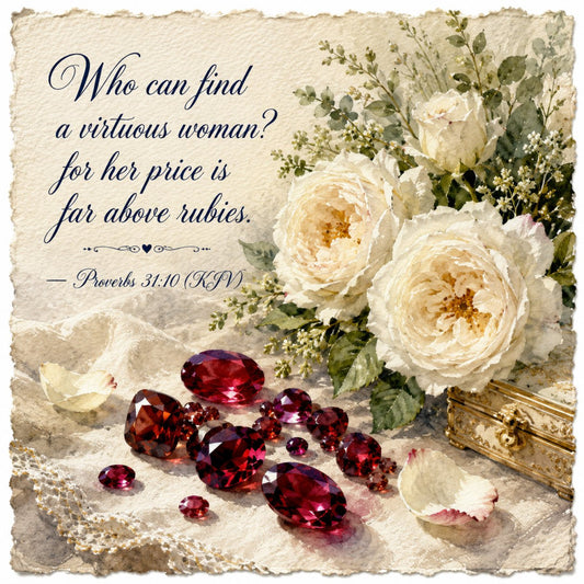 cream roses, ivory flowers, ruby red gems, burgundy jewels, floral botanical, vintage aesthetic, elegant style, romantic theme, inspirational quote, scripture verse, white peonies, dusty green foliage, gold accents, precious stones, luxury design, traditional pattern, shabby chic, garden flowers, nature inspired, romantic floral, cream and burgundy, gem stones, decorative arts, heritage design, timeless elegance, white blooms, jewel tones, inspirational text, decorative panel, uplifting message