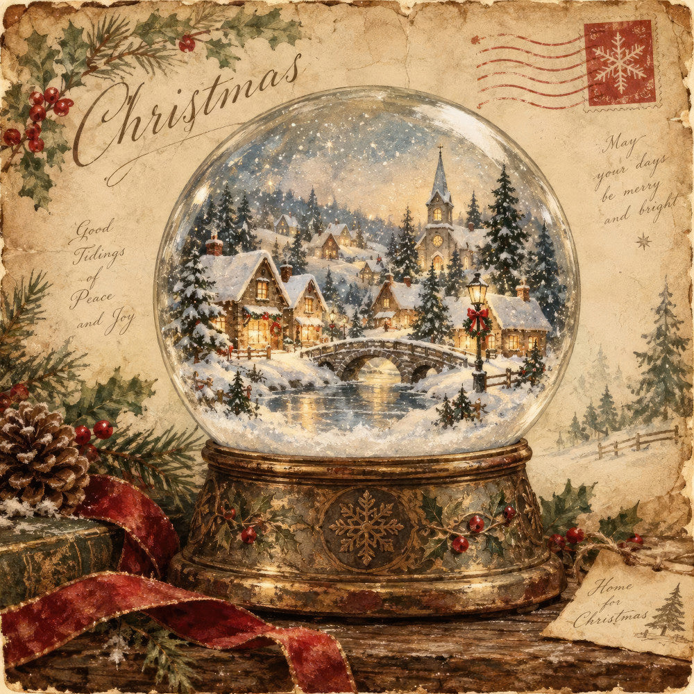 christmas, snow globe, vintage, holiday, winter scene, church, snow, pine trees, cottages, bridge, nostalgic, cream, gold, brown, forest green, red, traditional, elegant, festive, snowy landscape, architectural, rustic, antique, peaceful, season's greetings, home for christmas, good feelings of peace and joy, decorative, timeless, old world charm