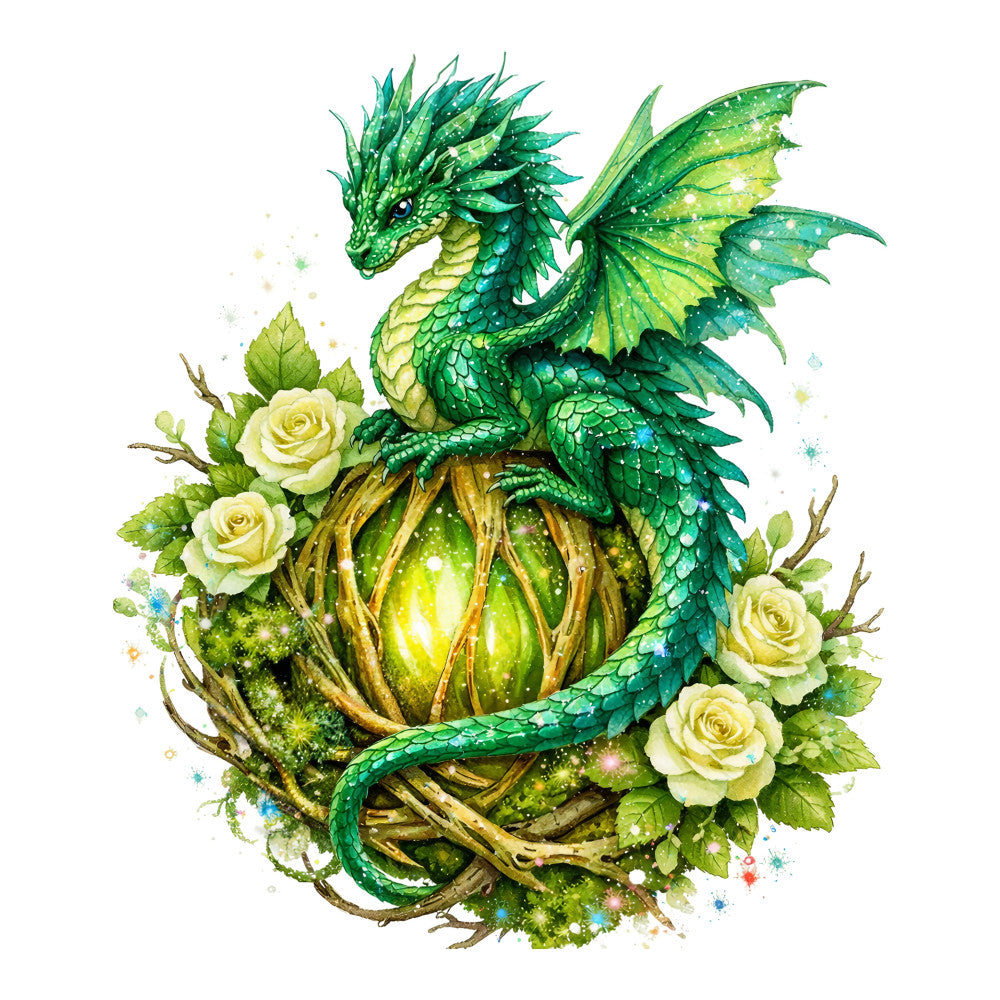 forest green, emerald green, sage green, cream, pale yellow, golden yellow, yellow-green, lime green, white, dragon, fantasy, magical, whimsical, nature, floral, roses, glowing orb, luminous, ethereal, elegant, botanical, mystical, wings, scales, ornate, decorative, enchanted, artistic, watercolor style, nature-inspired