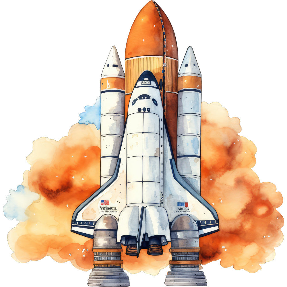 space shuttle, orange, white, navy blue, cream, rocket, aerospace, astronaut, space exploration, launch, cloud, smoke, vintage space, retro space, space theme, sci-fi, science fiction, children's, kids, educational, adventure, boys, modern, whimsical, celestial, transportation, vehicle, wall hanging, panel quilt, novelty print