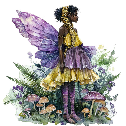 fairy, fantasy, whimsical, nature, woodland, magical, purple, gold, yellow, green, watercolor, illustration, fairy wings, mushrooms, ferns, flowers, botanical, enchanted forest, storybook, children, girl, dress, wings, fantasy art, spring, summer, wall hanging, craft, bohemian, artistic