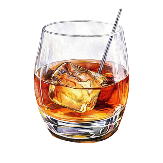 bourbon glass, whiskey tumbler, ice cubes, amber liquid, golden brown, rust orange, clear glass, cocktail stirrer, watercolor style, realistic illustration, alcohol themed, bar scene, rocks glass, transparent effects, warm tones, beverage art, fabric panel, quilting cotton, old fashioned drink, liquid amber
