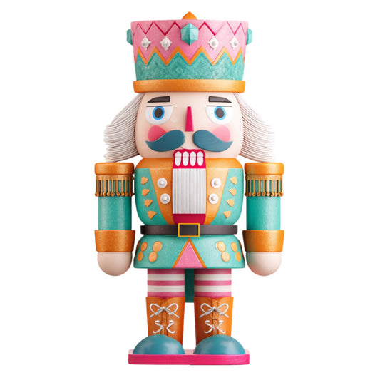 nutcracker, holiday, christmas, teal, turquoise, coral pink, orange, cream, white, black, geometric, striped, whimsical, festive, vintage, traditional, soldier, marching band, decorative buttons, mustache, crown, toy soldier, winter, seasonal, wall hanging, home decor, children's, playful, retro