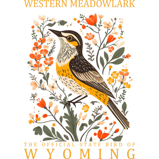 western meadowlark, state bird, wyoming, yellow bird, orange flowers, botanical illustration, folk art style, fabric panel, quilting cotton, nature design, floral motif, bird illustration, warm colors, craft project, sewing panel, decorative fabric, wildlife art, prairie flowers, green foliage, vintage style