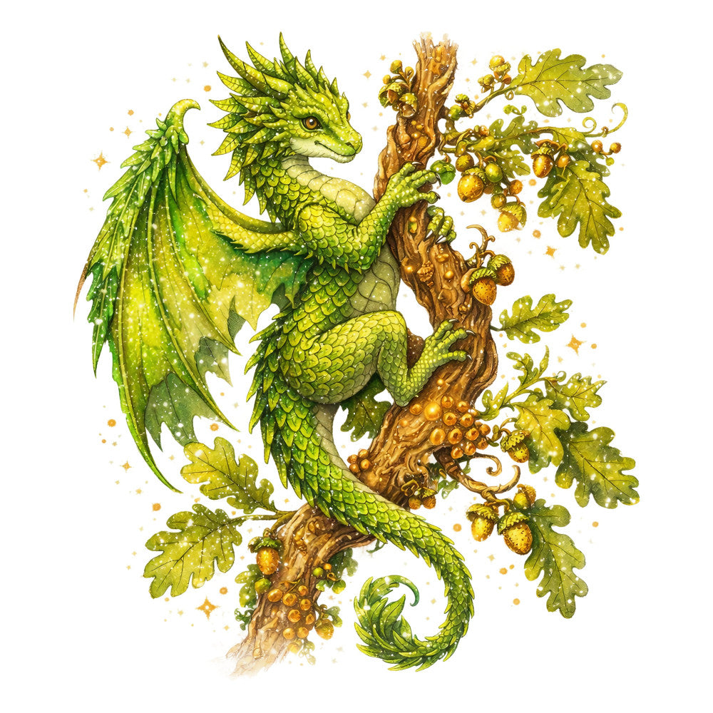 lime green, golden yellow, chartreuse, nature, dragon, fantasy, whimsical, magical, leaf, oak leaves, hop cones, vineyard, botanical, celestial, sparkle, elegant, storybook, fairy tale, medieval, enchanted, autumn, harvest, beer brewing, hops plant, scales texture, winged creature, mythical, decorative, illustration style, children's