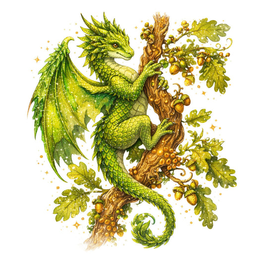 lime green, golden yellow, chartreuse, nature, dragon, fantasy, whimsical, magical, leaf, oak leaves, hop cones, vineyard, botanical, celestial, sparkle, elegant, storybook, fairy tale, medieval, enchanted, autumn, harvest, beer brewing, hops plant, scales texture, winged creature, mythical, decorative, illustration style, children's