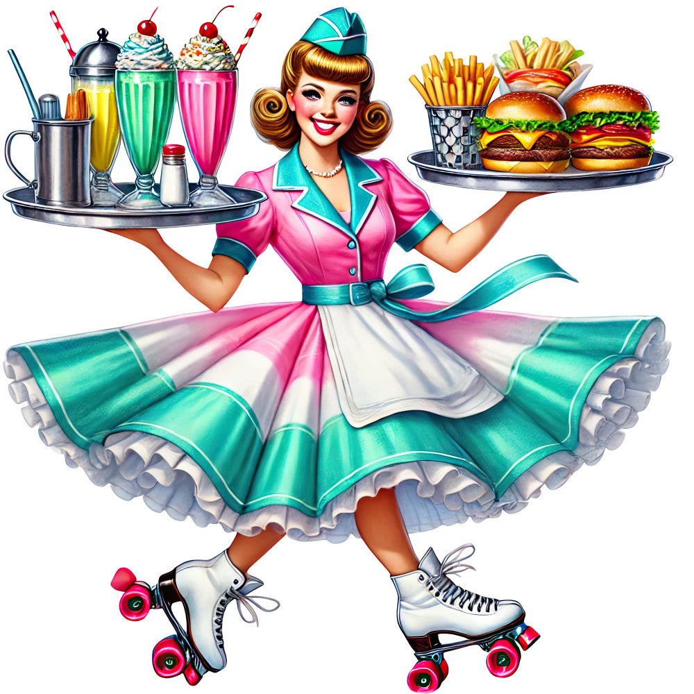 retro, vintage, 1950s, pink, turquoise, hot pink, magenta, white, cream, waitress, diner, milkshake, hamburger, french fries, roller skates, pinup, whimsical, fun, playful, food, kitchen, novelty, illustration, character, retro fashion, mid-century, nostalgic, cheerful, bright colors, colorful