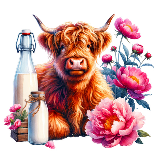 highland cattle, rustic farmhouse, peonies, pink flowers, orange cow, floral, botanical, spring, summer, cottage core, whimsical, folk art, vibrant colors, magenta pink, burnt orange, cream white, navy horns, nature, animals, livestock, milk bottles, garden flowers, pastoral, traditional, romantic, vintage inspired, country style, boho, decorative panel