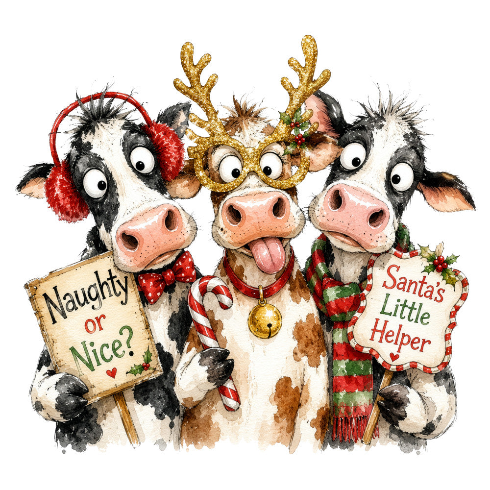 christmas, holiday, cows, farm animals, whimsical, festive, red, green, gold, black and white, reindeer, santa, naughty or nice, cute animals, humorous, playful, winter, seasonal, novelty, children's, folk art, rustic, countryside, pastoral, hand-painted style, watercolor, decorative, cheerful, jolly
