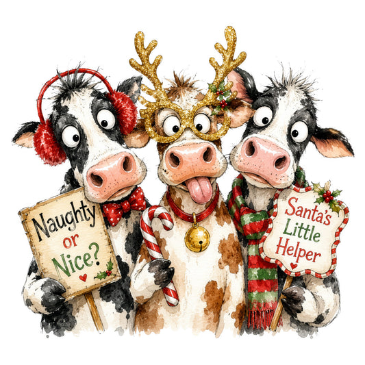 christmas, holiday, cows, farm animals, whimsical, festive, red, green, gold, black and white, reindeer, santa, naughty or nice, cute animals, humorous, playful, winter, seasonal, novelty, children's, folk art, rustic, countryside, pastoral, hand-painted style, watercolor, decorative, cheerful, jolly