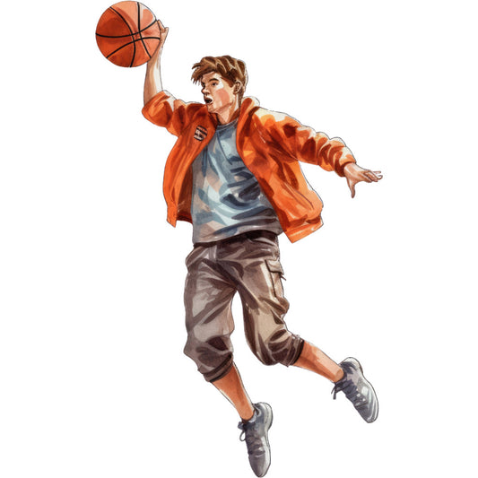 basketball, sports, action, boy, youth, orange jacket, brown pants, casual wear, athletic, dynamic pose, jumping, energetic, modern, contemporary, realistic illustration, portrait, character design, rust orange, slate blue, taupe brown, gray shoes, kids clothing, children's apparel, recreational sports, casual style, active lifestyle, summer wear, boys room decor