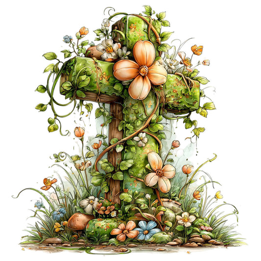 floral cross, botanical design, green moss, orange flowers, peach blooms, white blossoms, brown wood, vine tendrils, nature scene, religious symbol, watercolor style, fabric panel, quilting cotton, spring flowers, garden motif, whimsical illustration, soft colors, detailed artwork, spiritual theme, blooming vines