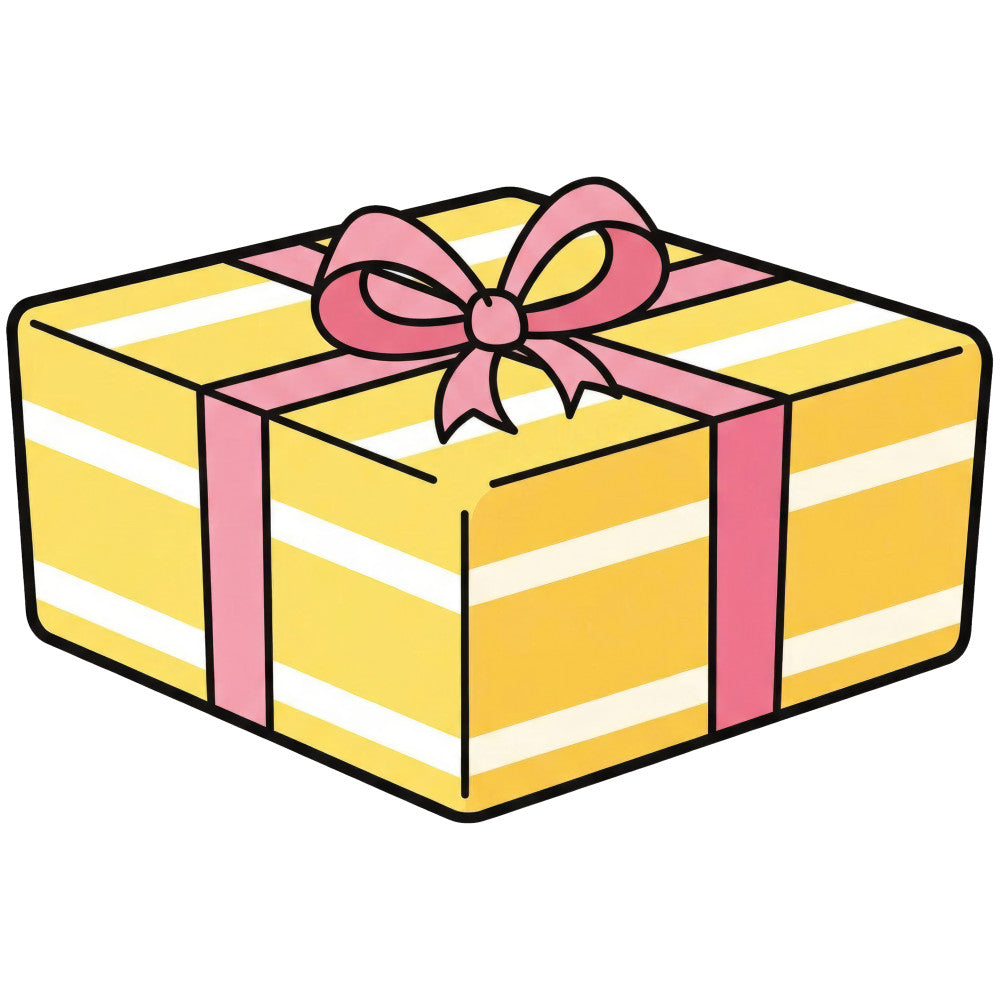 yellow, white, coral pink, rose pink, striped, gift box, present, bow, ribbon, whimsical, playful, cheerful, celebration, birthday, festive, sweet treat, cake, dessert themed, cute, fun, colorful, decorative bow motif, horizontal stripes, layered design, joy, happiness, children's, nursery, baby shower, party theme