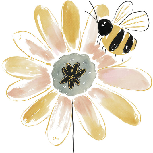 cream daisy, pale yellow, soft gold, sage green, black accents, floral, botanical, bee, honey bee, nature, whimsical, cottage core, spring, summer, garden, wildflower, pollinator, illustrated, watercolor, hand-painted, charming, sweet, delicate, pastoral, naturalistic, decorative, children's, nursery, modern whimsical