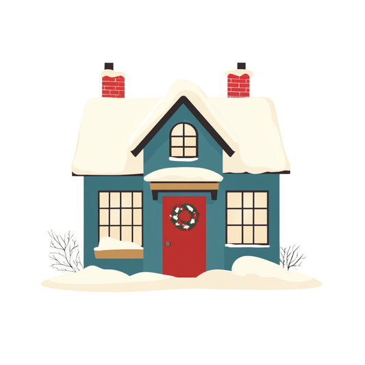 winter house, snowy cottage, teal blue, red door, cream white, holiday home, christmas house, snow-covered roof, festive wreath, winter village, cottage core, farmhouse style, rustic home, holiday themed, winter scene, cozy cabin, traditional architecture, chimney detail, seasonal decor, vintage cottage, country home, architectural illustration, winter landscape, holiday decoration, red brick chimney, arched window, cottage charm, wintery, nostalgic, seasonal fabric