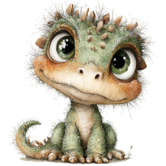 sage green, moss green, tan, beige, cream, terracotta, brown, olive green, whimsical, cute, adorable, dragon, reptile, fantasy, magical, animals, creature, children's, nursery, baby, playful, expressive eyes, scaled texture, hairy, quirky, illustration, storybook, woodland, enchanted, fun