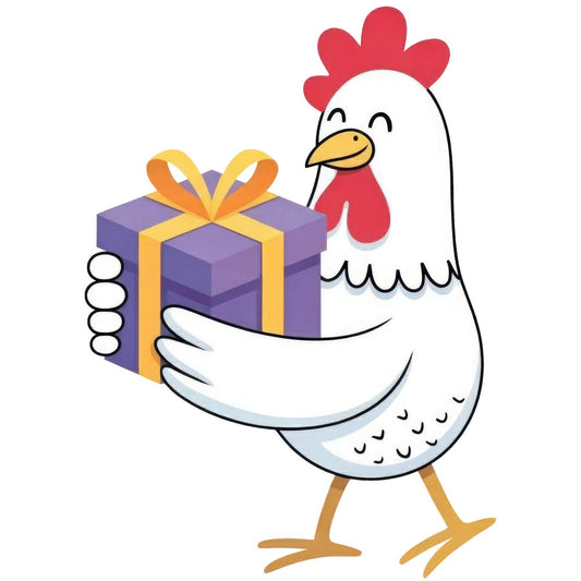 cheerful chicken, rooster, farm animals, farmhouse, whimsical, red comb, white bird, yellow beak, purple gift box, gold ribbon, present, celebration, easter, spring, country style, cute animals, folk art, vintage inspired, decorative motifs, children's fabric, nursery, happy design, bright colors, primary colors, gift giving theme, animal lover, cottage core