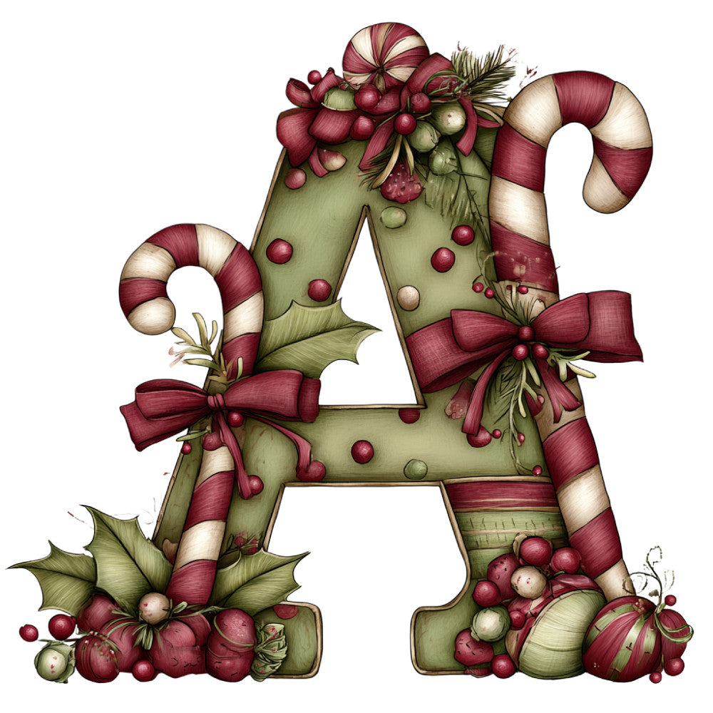 burgundy, cream, sage green, olive green, candy cane, peppermint, holiday, christmas, festive, whimsical, vintage, traditional, decorative letter, monogram, initial, candy canes, holly, berries, bows, ribbons, ornaments, balls, beads, nature, botanical, seasonal, winter, elegant, classic, red and white striped
