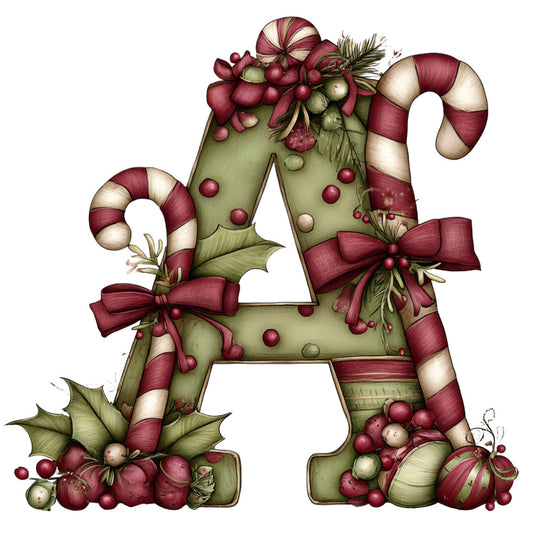 burgundy, cream, sage green, olive green, candy cane, peppermint, holiday, christmas, festive, whimsical, vintage, traditional, decorative letter, monogram, initial, candy canes, holly, berries, bows, ribbons, ornaments, balls, beads, nature, botanical, seasonal, winter, elegant, classic, red and white striped