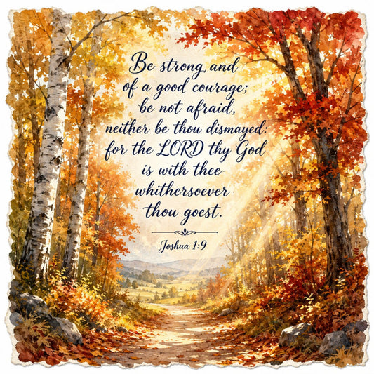 autumn, fall, forest, nature, landscape, inspirational, scripture, religious, christian, bible verse, joshua, trees, birch trees, pathway, road, orange, rust, gold, golden yellow, cream, tan, brown, warm tones, earth tones, seasonal, thanksgiving, rustic, traditional, spiritual, faith