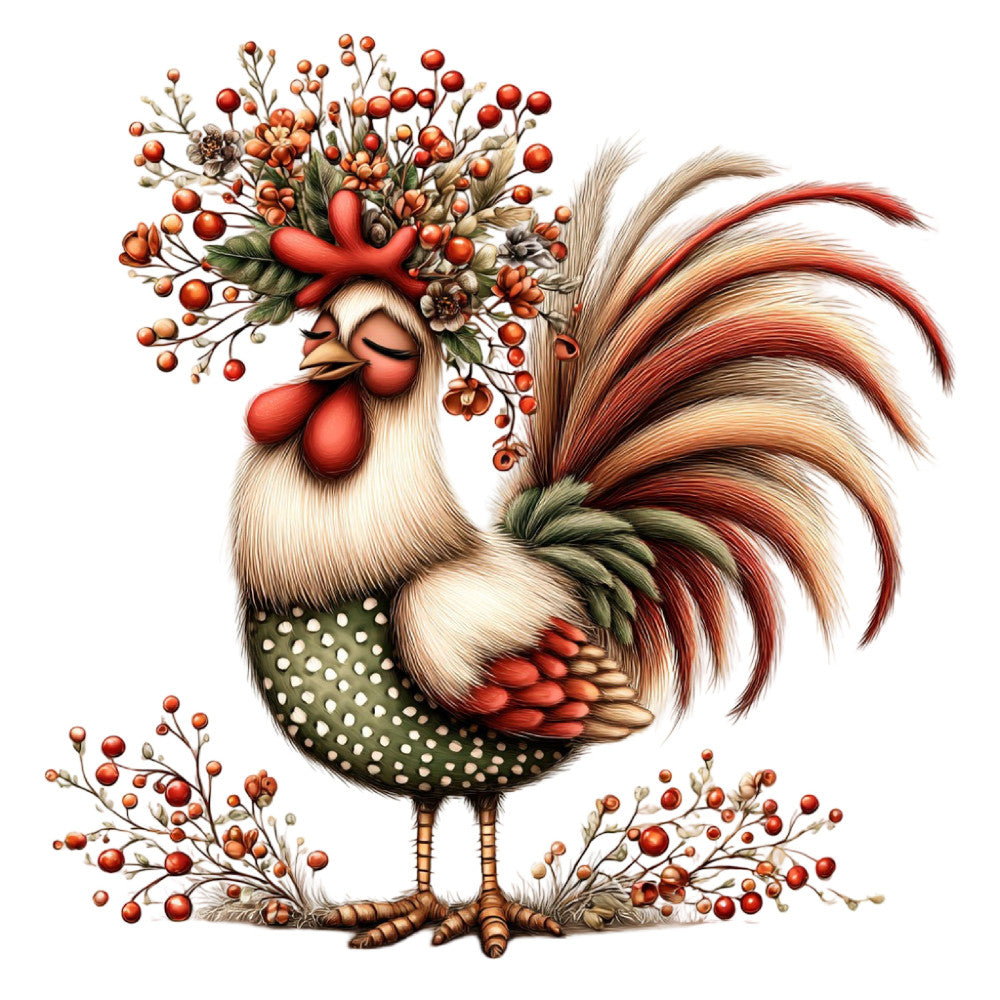 rooster, rust red, cream, sage green, burnt orange, terracotta, autumn, fall, farmhouse, rustic, whimsical, botanical, berries, floral, nature, country, folk art, vintage, decorative birds, harvest, decorative panel, wall hanging, home decor, traditional, cottagecore, red rooster, berry branches, nature inspired, seasonal