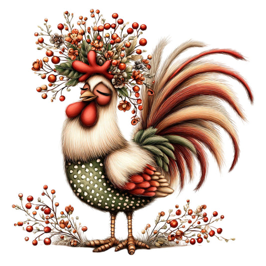 rooster, rust red, cream, sage green, burnt orange, terracotta, autumn, fall, farmhouse, rustic, whimsical, botanical, berries, floral, nature, country, folk art, vintage, decorative birds, harvest, decorative panel, wall hanging, home decor, traditional, cottagecore, red rooster, berry branches, nature inspired, seasonal