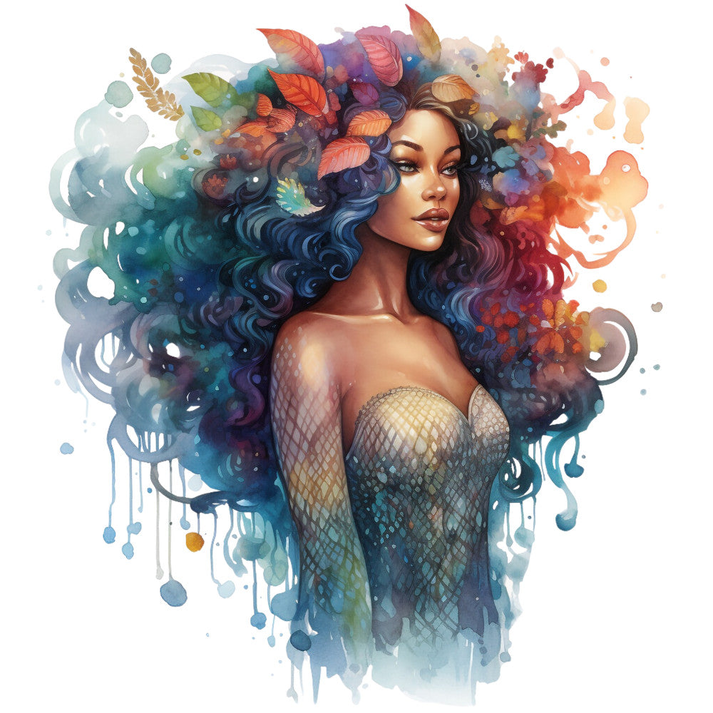 watercolor mermaid, teal blue, coral orange, purple hues, golden yellow, flowing hair, autumn leaves, fantasy character, whimsical art, fabric panel, quilting cotton, ocean theme, mythical creature, artistic portrait, vibrant colors, botanical elements, feminine figure, dreamy watercolors, mermaid scales, nature motifs
