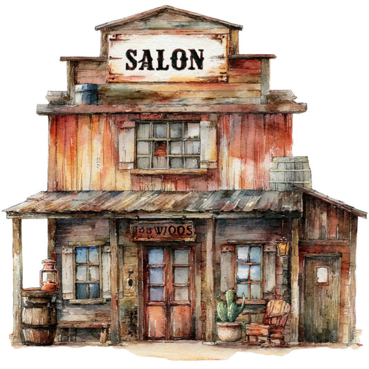 vintage western saloon, old west architecture, rustic building, weathered wood, desert southwest, cowboy theme, barn red, burnt orange, cream, tan, beige, dusty brown, faded wood tones, architectural illustration, western saloon building, frontier town, saloon doors, wooden structure, wild west, retro western, nostalgic americana, country store, vintage americana, detailed illustration, rustic western decor, heritage americana, historical building, saloon sign, western saloon panel
