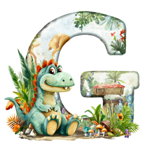 green dinosaur, tropical plants, letter g, children's alphabet, cartoon style, turquoise, orange spikes, jungle scene, treasure chest, watercolor art, prehistoric theme, educational panel, bright colors, palm fronds, whimsical illustration, fabric panel, quilting cotton, nursery decor, playful design, adventure theme